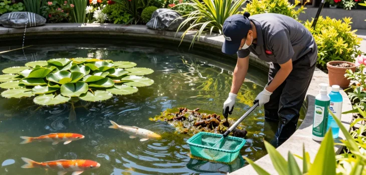 Professional Pond Cleaning Kent: Expert cleaning of a serene garden pond with vibrant koi fish and lily pads.