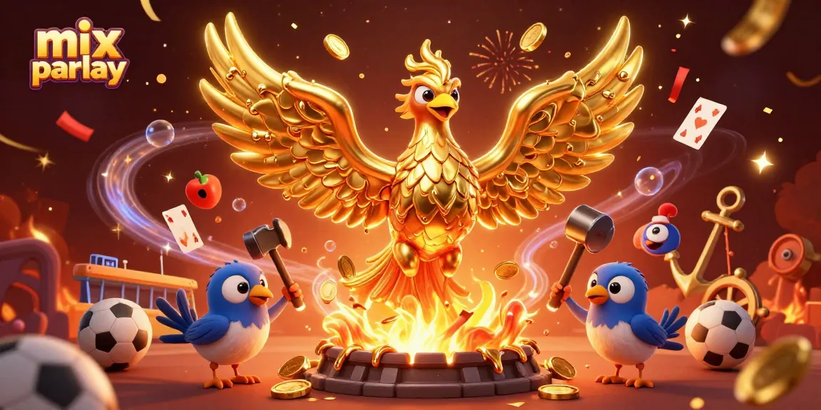 Engage with mix parlay betting strategies through vibrant 3D illustration of a molten phoenix and sports elements.