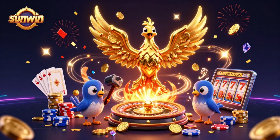 Experience thrilling wins at Sunwin's vibrant casino with a golden phoenix and sparkling gems.