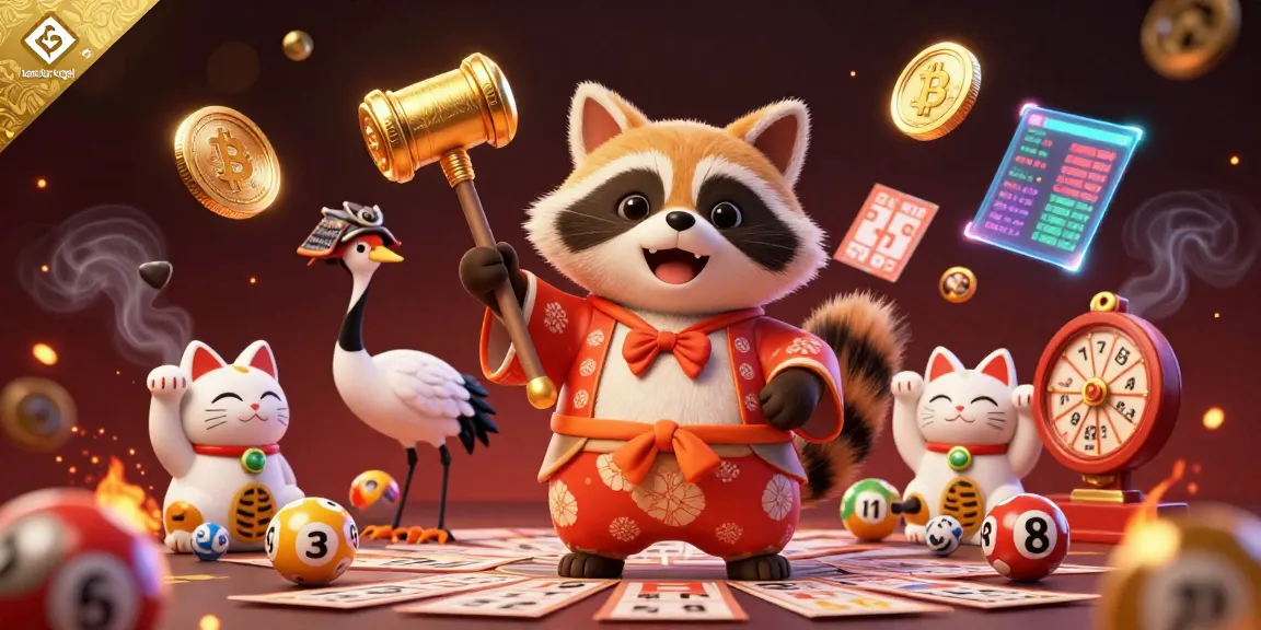 Engage with bandar togel through a vibrant illustration depicting lottery games, crypto coins, and lucky symbols.