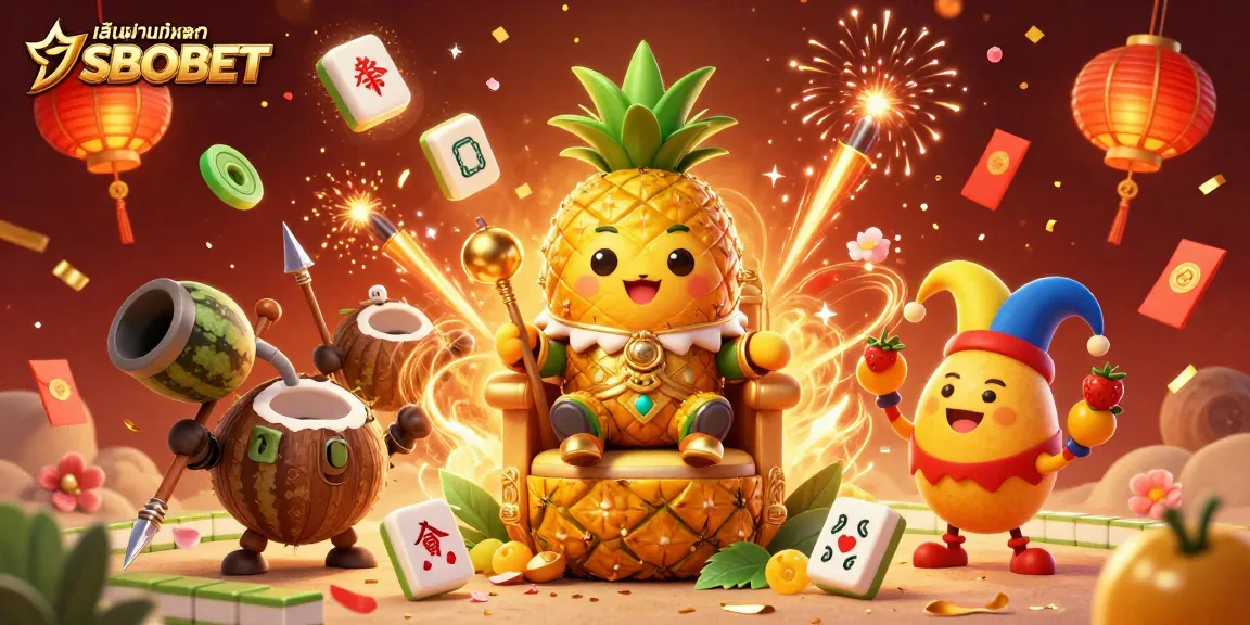 Engage with เล่นผ่านเว็บหลัก SBOBET in a vibrant 3D casino scene featuring a golden pineapple king and playful elements.