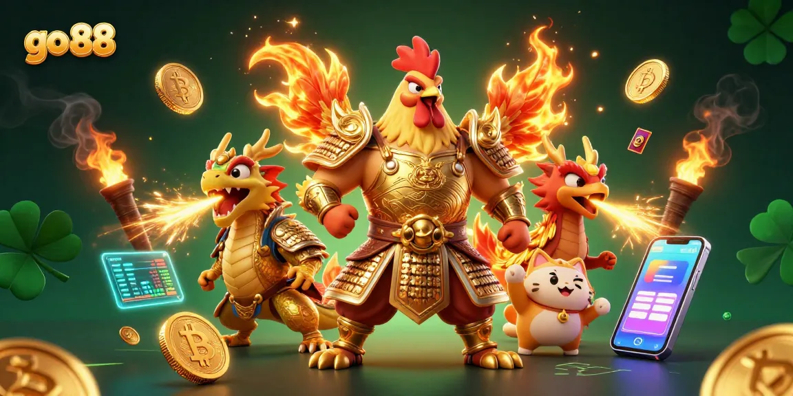 Experience thrilling gameplay at go 88 while an armored rooster warrior battles a dynamic dragon in an electrifying casino scene.