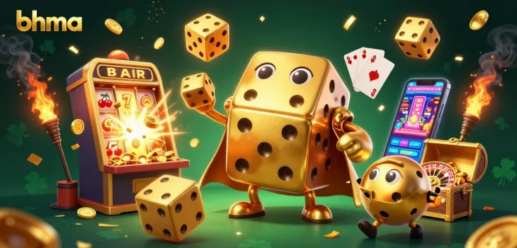 Engage with bhma's vibrant 3D casino scene featuring golden dice, jackpots, and lively game elements.