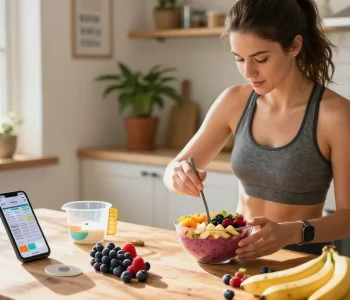 Discover the best macro tracking app in action, featuring an active woman preparing a healthy smoothie.