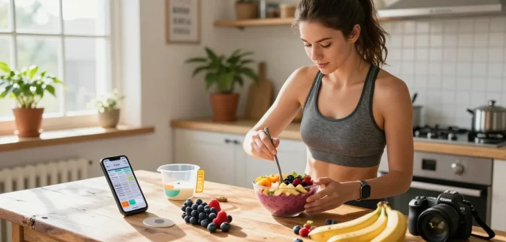 Discover the best macro tracking app in action, featuring an active woman preparing a healthy smoothie.