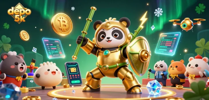 Experience thrilling gaming action with depo 5k; dynamic 3D scene featuring golden panda robot, crypto coins, and a vibrant casino atmosphere.