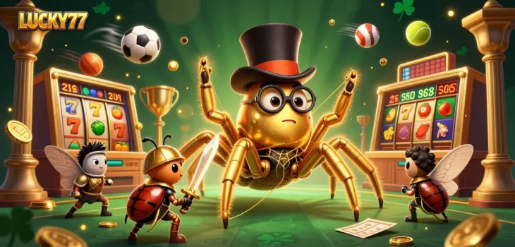 Experience excitement with LUCKY77 as golden tarantula weaves a thrilling casino scene.