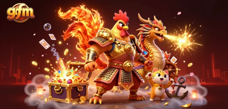 Experience exciting gaming at gfm, illustrated with a powerful rooster warrior, dragon hatchling, and treasures.