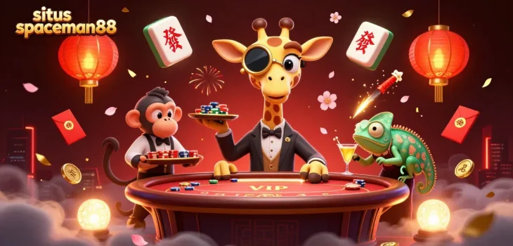 Situs Spaceman88 brings vibrant casino action with a high-roller giraffe at a poker table surrounded by dynamic game elements.