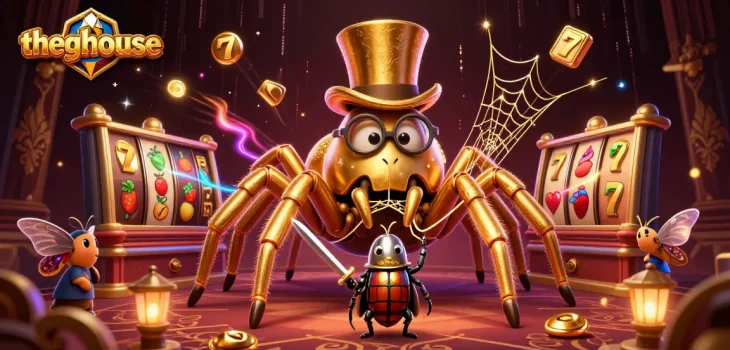 Thegbhouse showcases a vibrant 3D scene highlighting a golden tarantula and a beetle knight with energetic casino elements amidst dynamic gaming action.