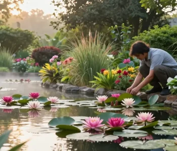 Buy Water Lilies in a serene garden pond surrounded by lush greenery.