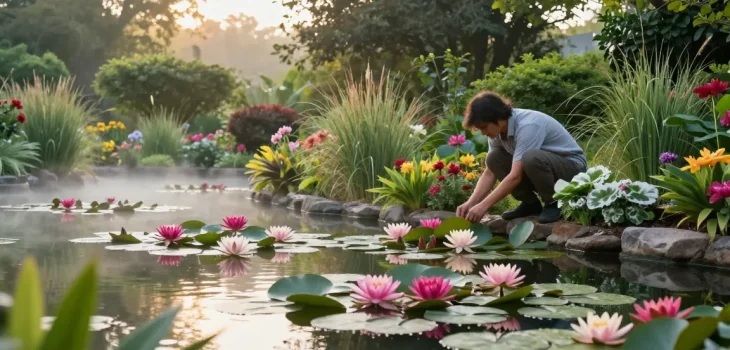 Buy Water Lilies in a serene garden pond surrounded by lush greenery.