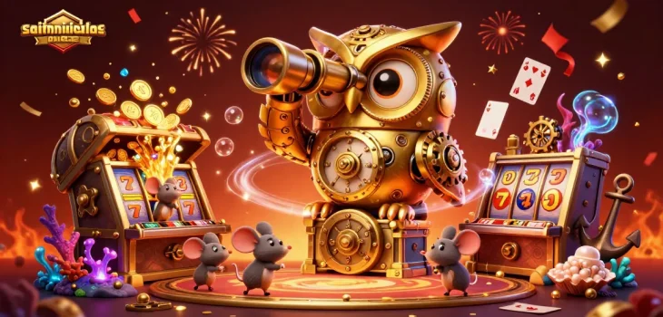 Experience the excitement at saintnicolasplace with an ultra-detailed 3D casino scene featuring whimsical characters and dynamic gaming elements.
