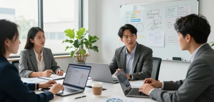 Business consultants collaborating in a modern workspace, showcasing https://factors.org.uk as they develop strategies and insights.